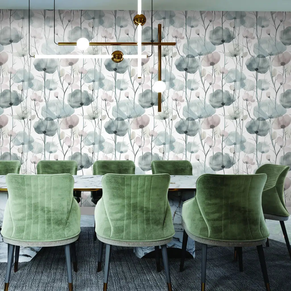 Elegant dining room showcasing 'Cotswolds Poppies' wallpaper in Grey and Blush by York Wallcoverings, creating a sophisticated floral ambiance.