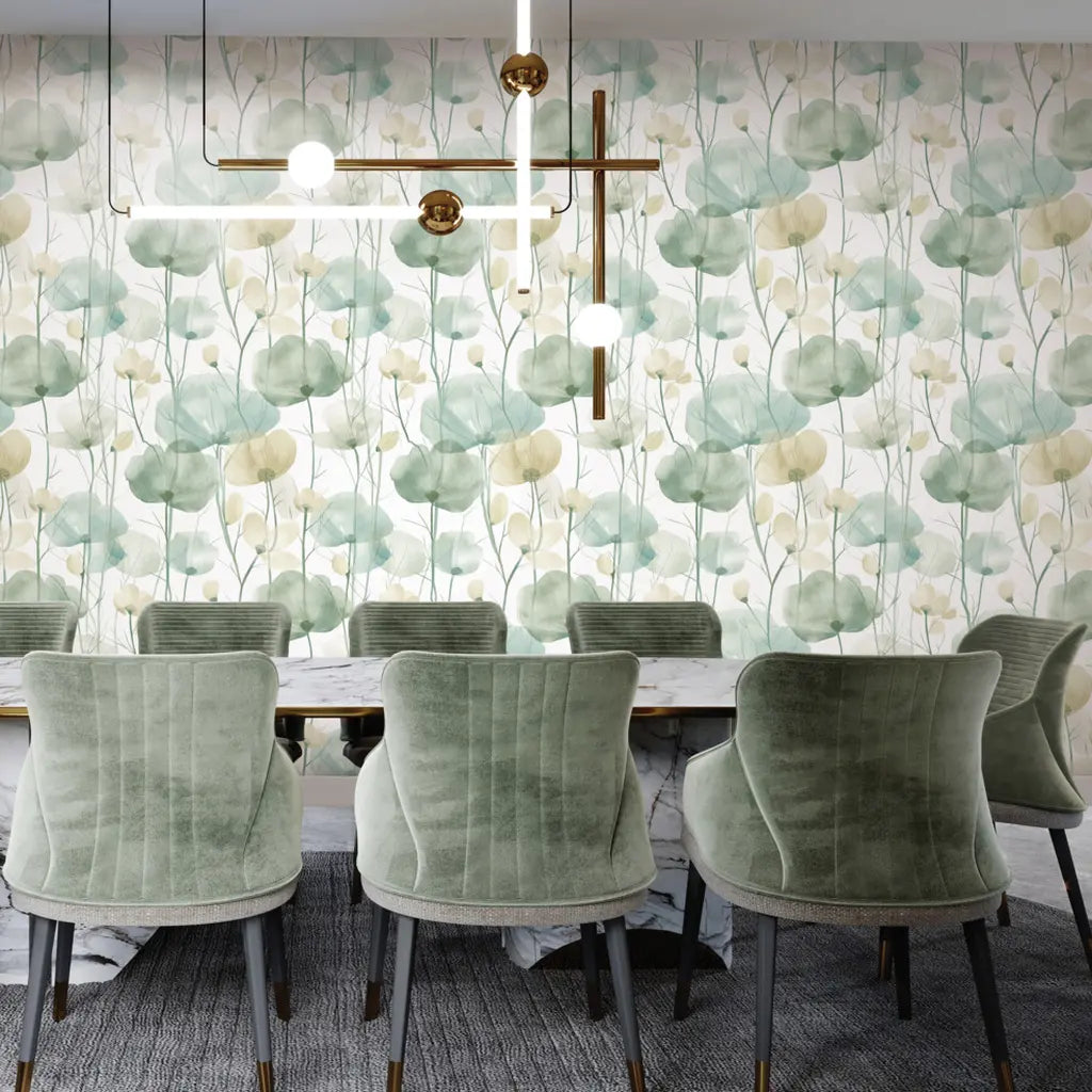Elegant dining room showcasing 'Cotswolds Poppies' wallpaper in Sage Green, Ivory by York Wallcoverings, creating a serene atmosphere.
