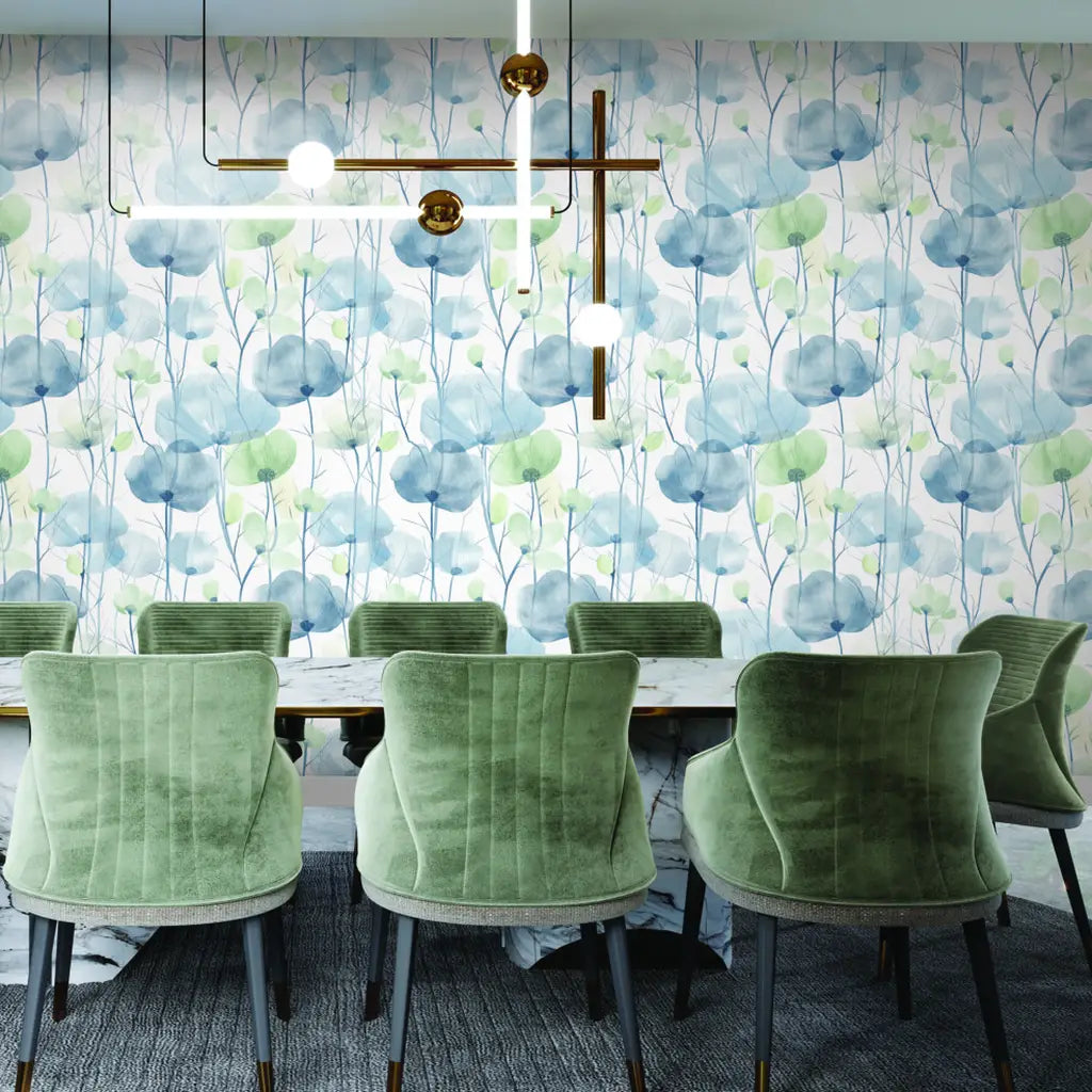 Dining room features "Cotswolds Poppies" wallpaper in Blue and Green by York Wallcoverings, a beautiful floral pattern.