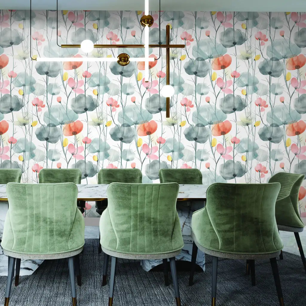 Dining room showcasing elegant York Wallcoverings 'Cotswolds Poppies' wallpaper in Grey and Peach, creating a refined atmosphere.
