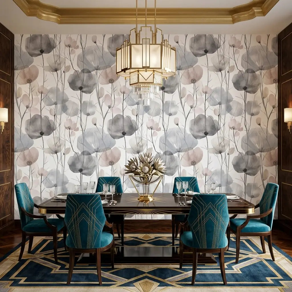 Dining Room - Elegant dining room showcasing 'Cotswolds Poppies' wallpaper in Grey and Blush by York Wallcoverings.