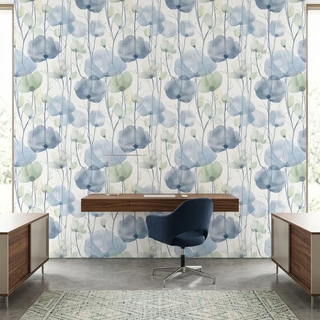 Home Office - Elegant workspace with 'Cotswolds Poppies' wallpaper in blue and green by York Wallcoverings.