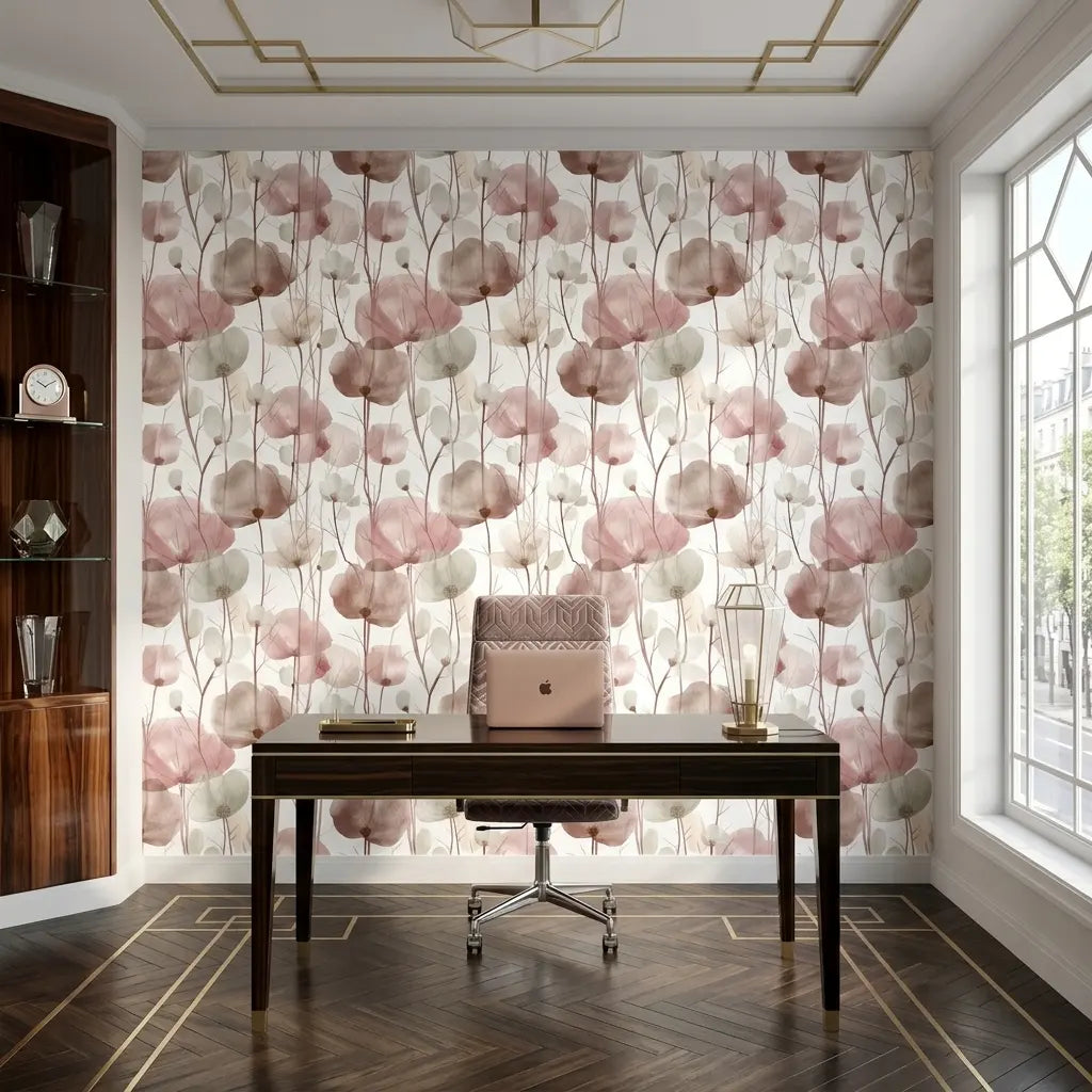 Home Office - Elegant home office featuring York Wallcoverings' "Cotswolds Poppies" wallpaper in Blush Pink Taupe.