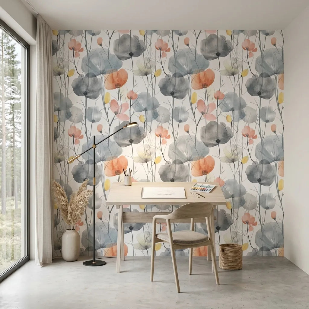 Home Office - Grey and Peach 'Cotswolds Poppies' wallpaper by York Wallcoverings creates an elegant home office space.