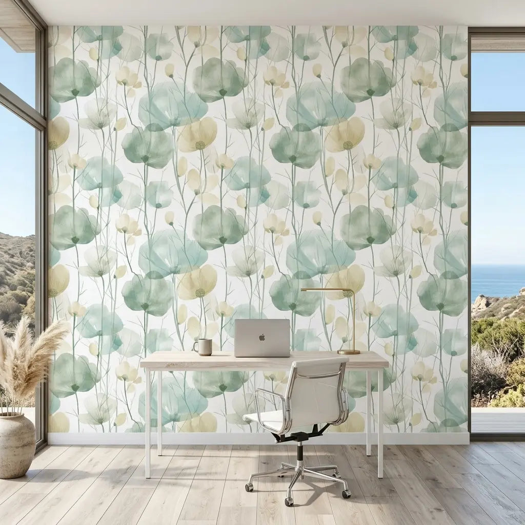 Home Office - Elegant space with Cotswolds Poppies wallpaper in Sage Green, Ivory by York Wallcoverings, perfect for productivity.