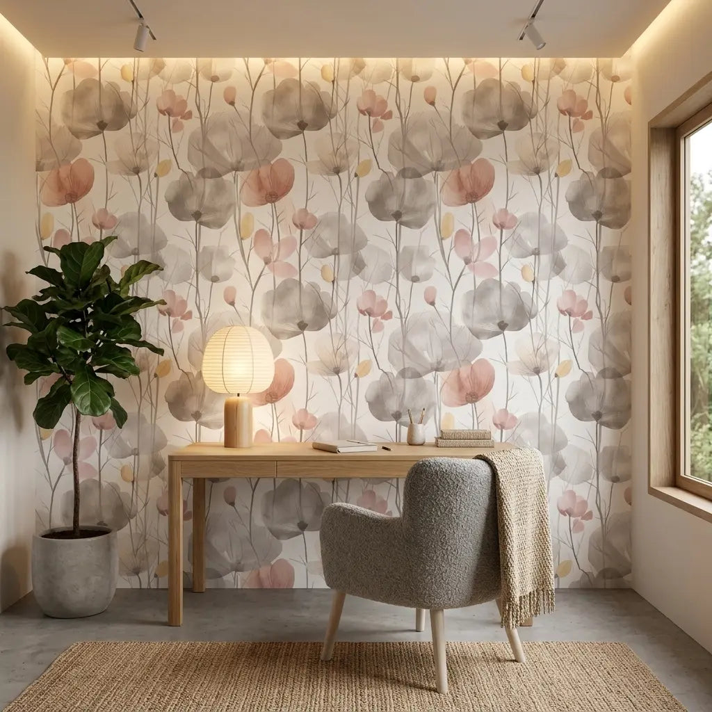 Home Office - Stylish space featuring Cotswolds Poppies wallpaper in Taupe and Blush by York Wallcoverings.