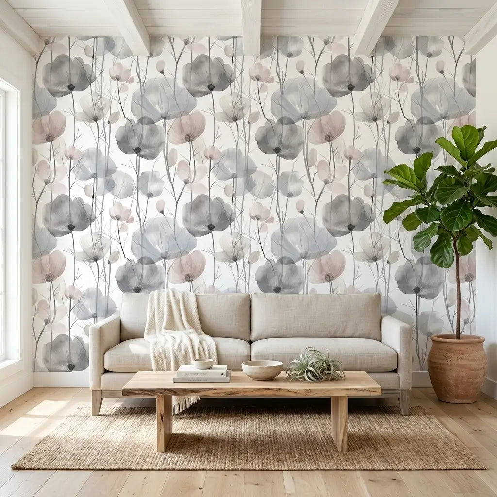 Living Room - Modern design with York Wallcoverings Cotswolds Poppies wallpaper in Grey, Blue, Blush.