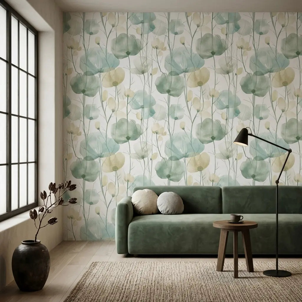 Living Room - Elegant space featuring "Cotswolds Poppies" wallpaper in Sage Green, Ivory by York Wallcoverings, creating a serene ambiance.