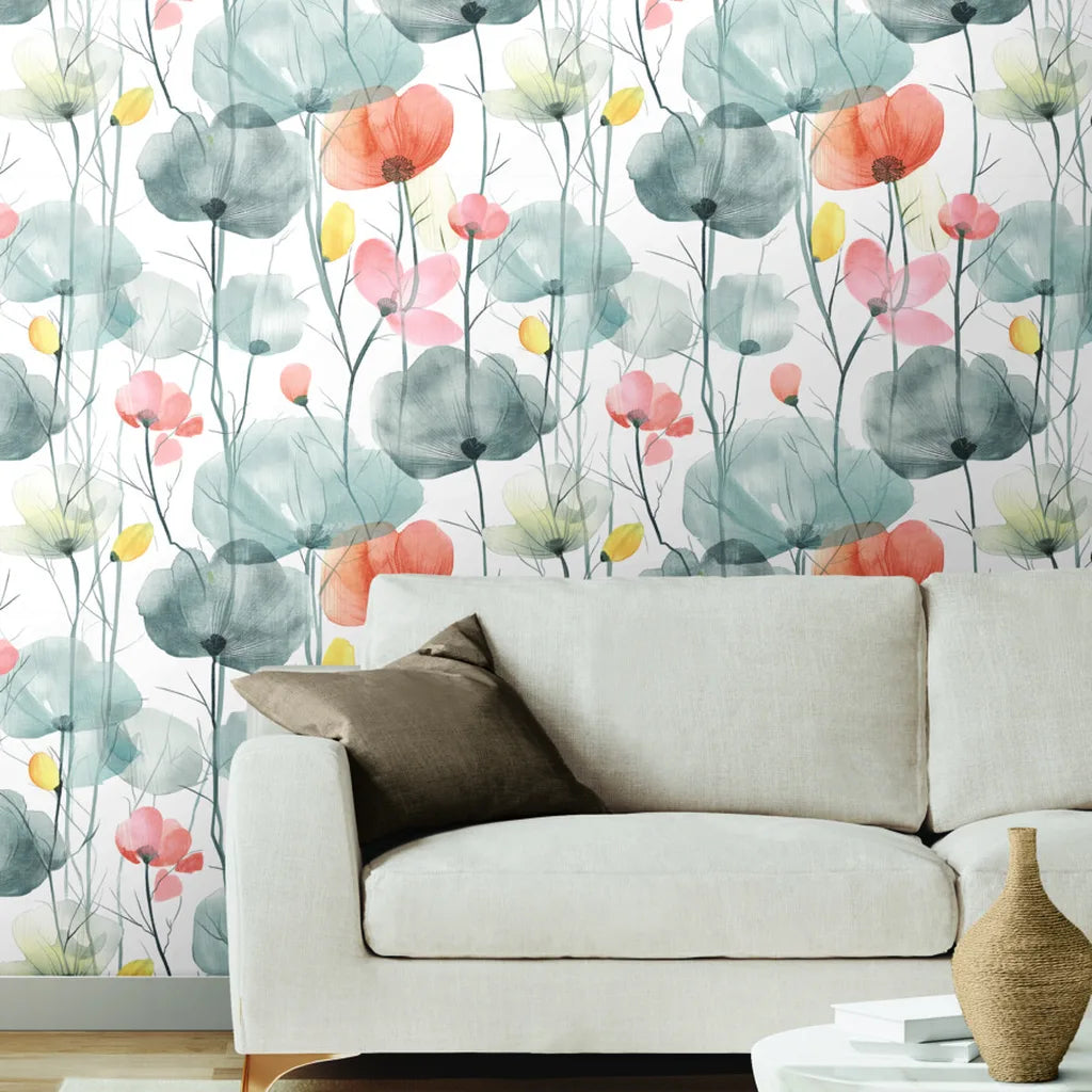 Elegant living room featuring Cotswolds Poppies wallpaper in Grey and Peach by York Wallcoverings, creating a serene floral accent.