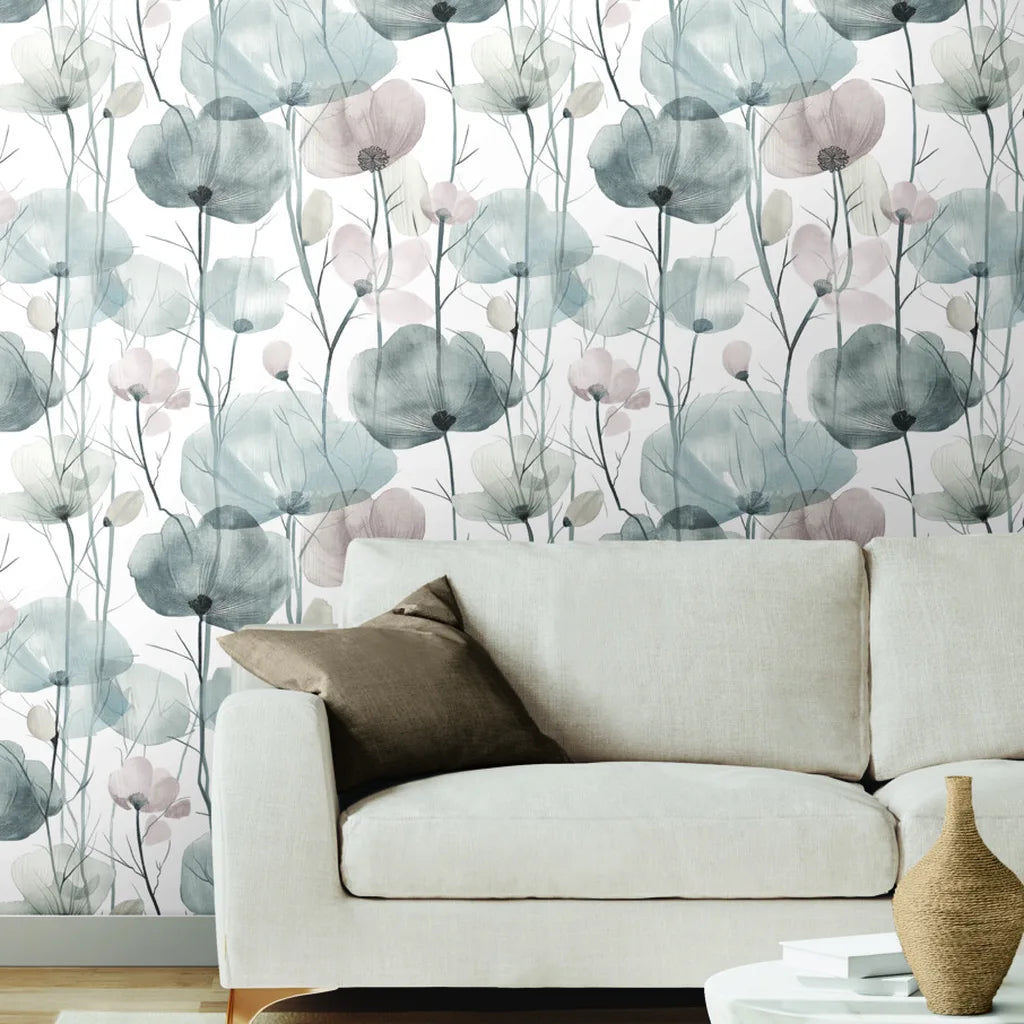 Living room showcasing "Cotswolds Poppies" wallpaper in Grey and Blush by York Wallcoverings.