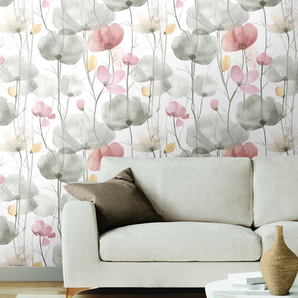 Living room showcasing stunning 'Cotswolds Poppies' wallpaper in Taupe and Blush by York Wallcoverings.