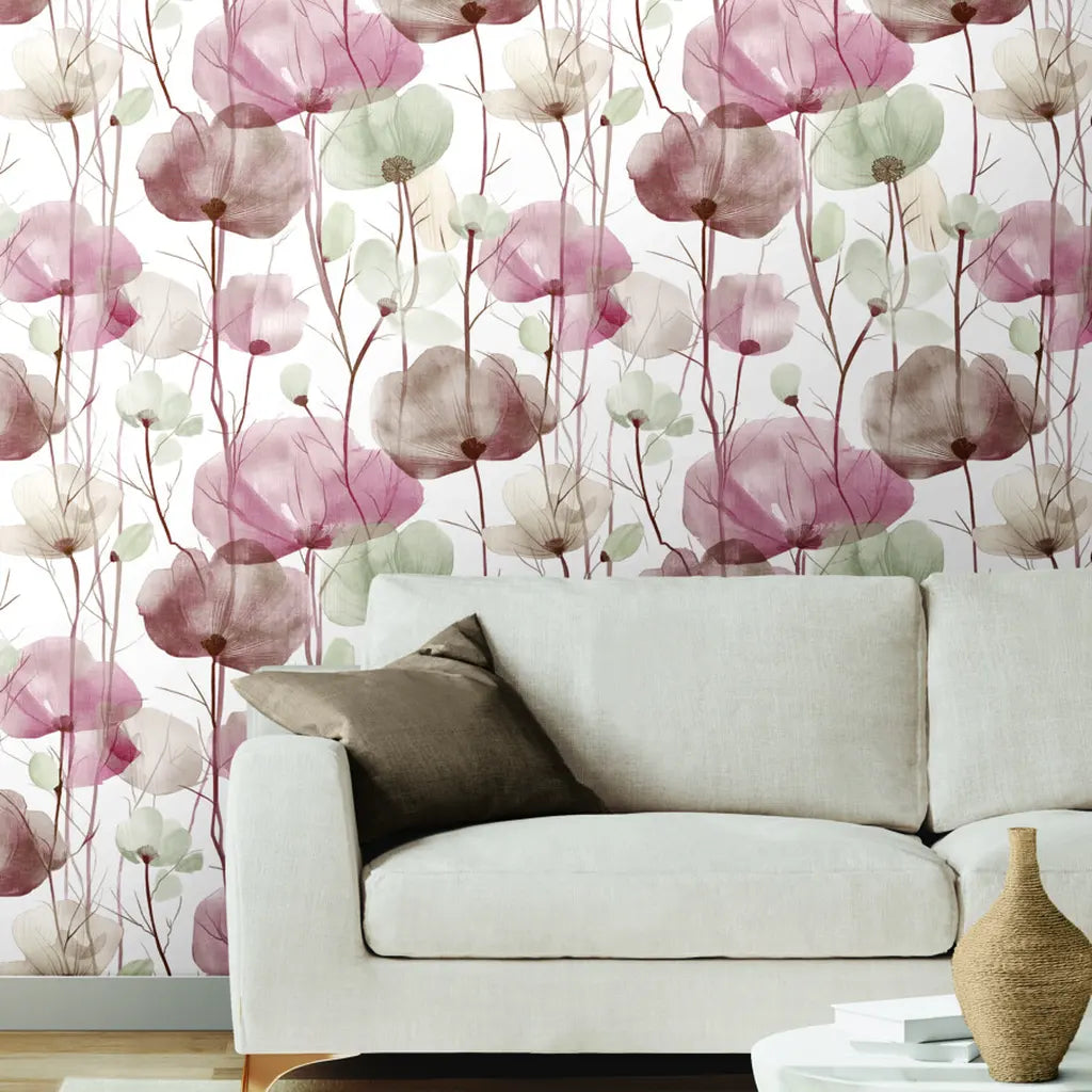 Elegant living room showcasing York Wallcoverings' Cotswolds Poppies wallpaper in a beautiful Rose and Greige color palette.