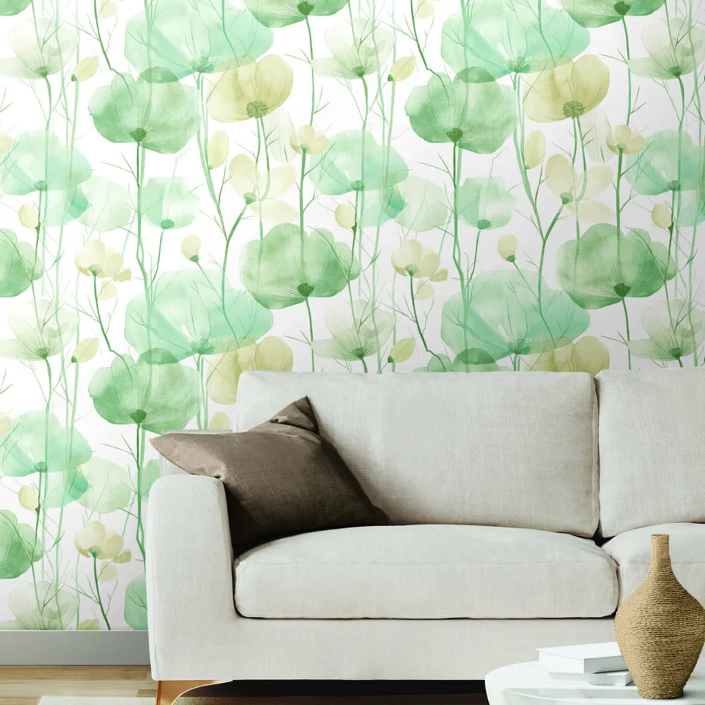 Elegant living room featuring York Wallcoverings' 'Cotswolds Poppies' wallpaper in Sage Green and Ivory.