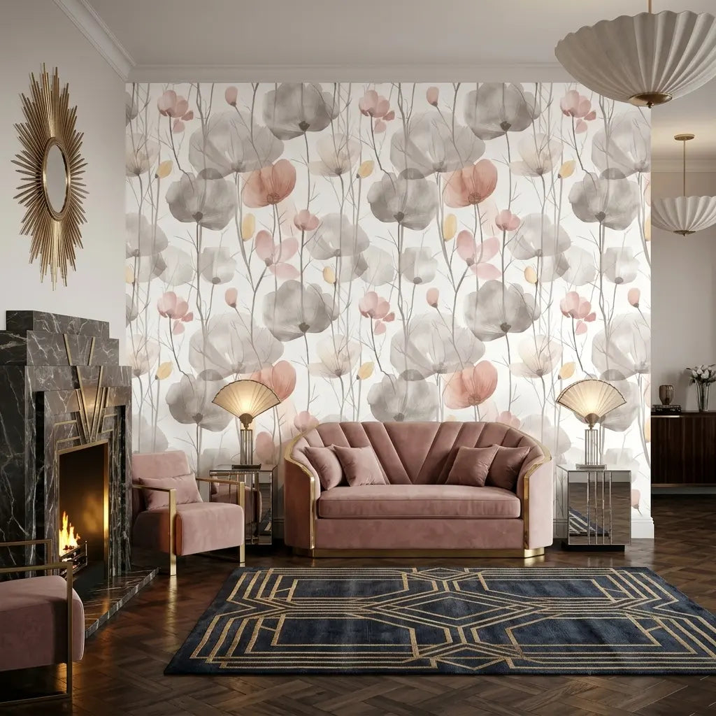 Living Room - Cotswolds Poppies wallpaper in Taupe and Blush by York Wallcoverings adds elegant floral charm to this living room.
