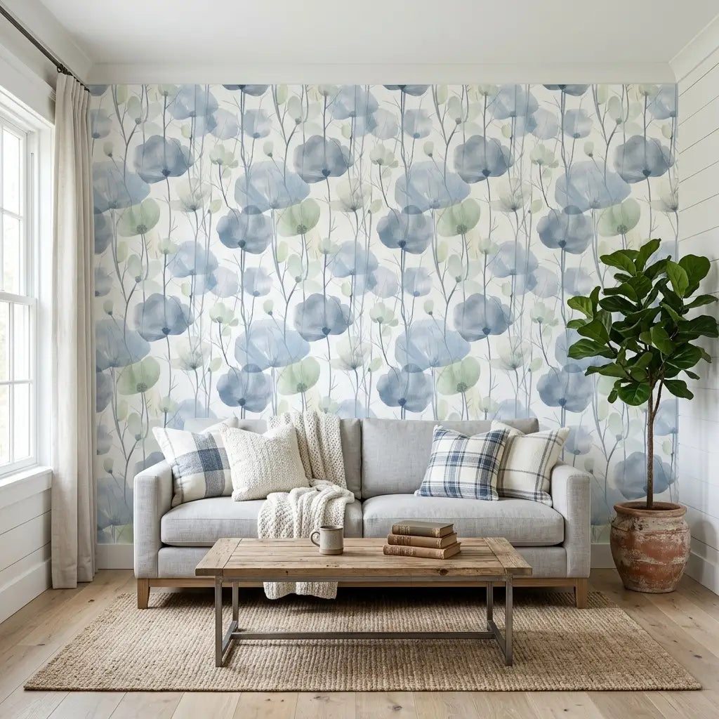 Living Room - York Wallcoverings' Cotswolds Poppies wallpaper in Dusty Blue and Sage Green creates a serene atmosphere.