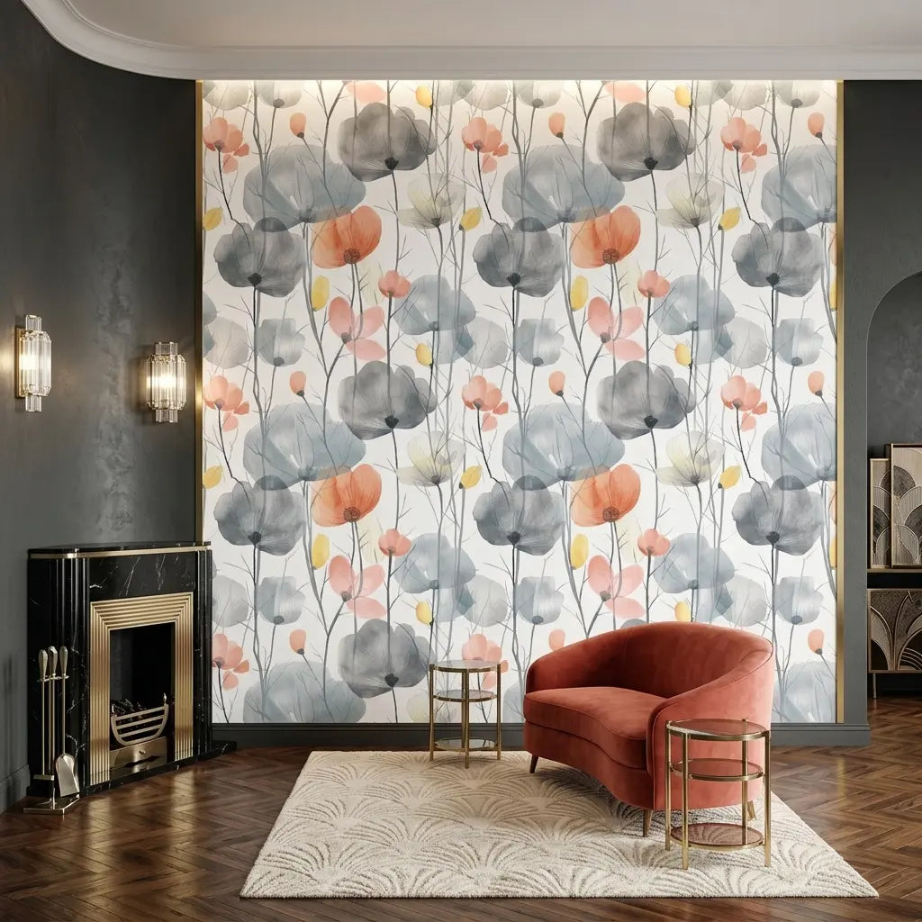 Living Room - Stylish living room featuring "Cotswolds Poppies" wallpaper in Grey and Peach by York Wallcoverings.