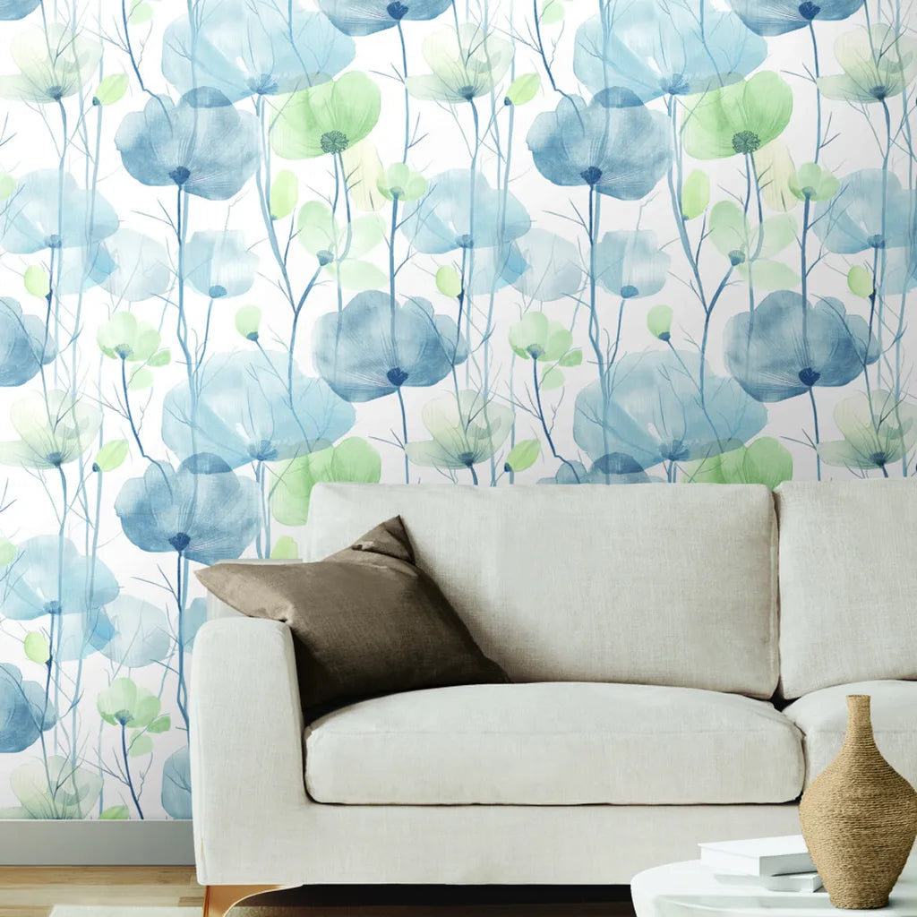 Living room featuring "Cotswolds Poppies" wallpaper in Blue and Green by York Wallcoverings, creating a vibrant focal point.