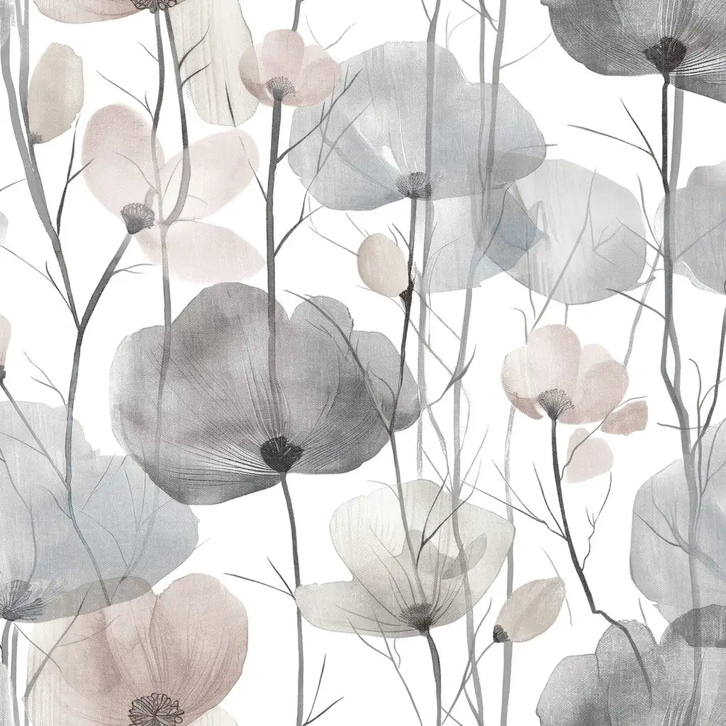 Cotswolds Poppies wallpaper pattern swatch in grey, blue, and blush by York Wallcoverings, showcasing the floral design.