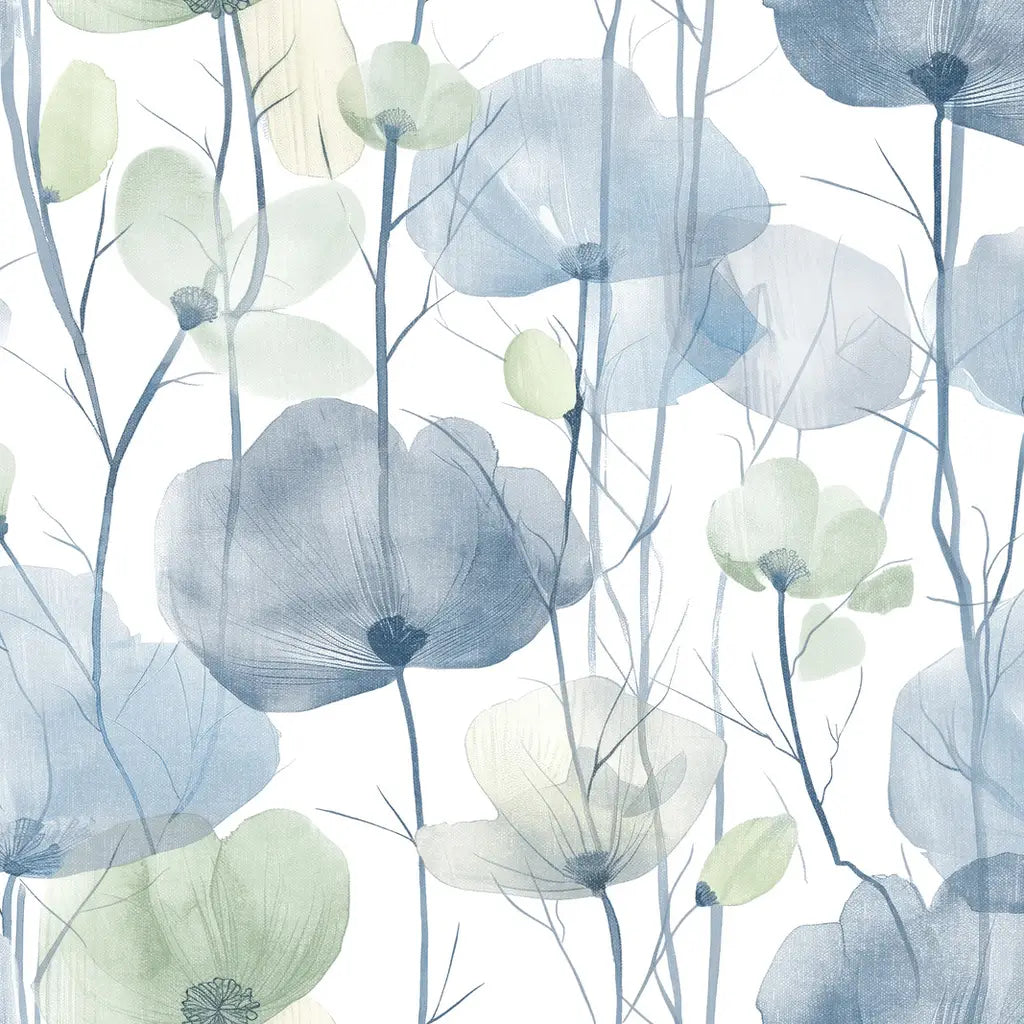 Cotswolds Poppies wallpaper pattern swatch by York Wallcoverings (VR1535) in Dusty Blue and Sage Green.