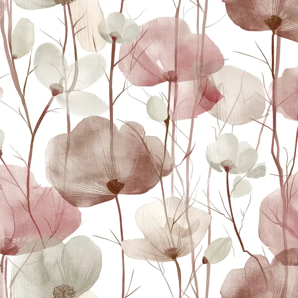 Cotswolds Poppies wallpaper pattern swatch in Rose and Greige by York Wallcoverings (SKU VR1536) featuring a delicate floral design.