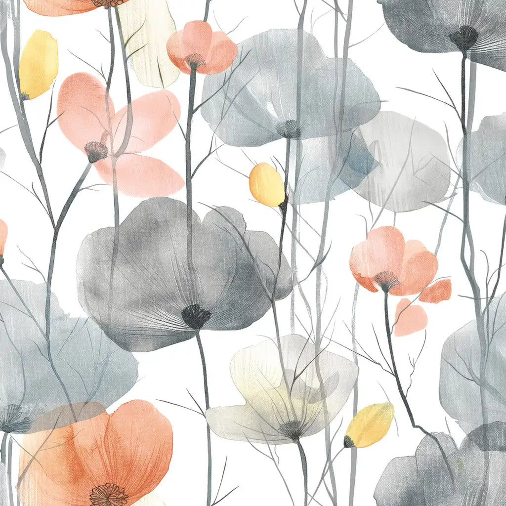 York Wallcoverings Cotswolds Poppies wallpaper pattern swatch (SKU VR1537) features a delicate floral design in grey and peach tones.