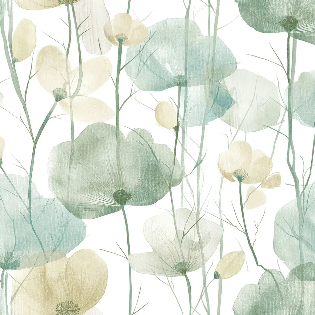 Cotswolds Poppies wallpaper pattern swatch in Sage Green and Ivory by York Wallcoverings, SKU VR1539.
