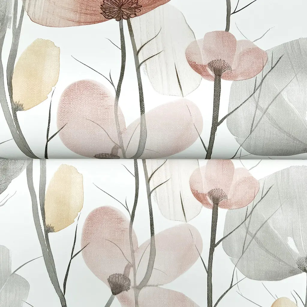 Close-up texture of York Wallcoverings Cotswolds Poppies wallpaper in Taupe and Blush, revealing its tactile surface.