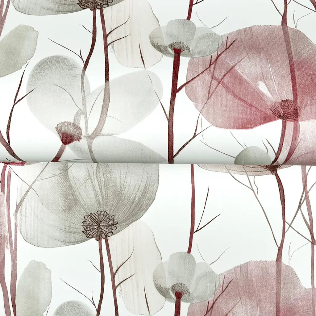 Close-up texture detail of York Wallcoverings' Cotswolds Poppies wallpaper in rose and greige, highlighting the intricate floral pattern.