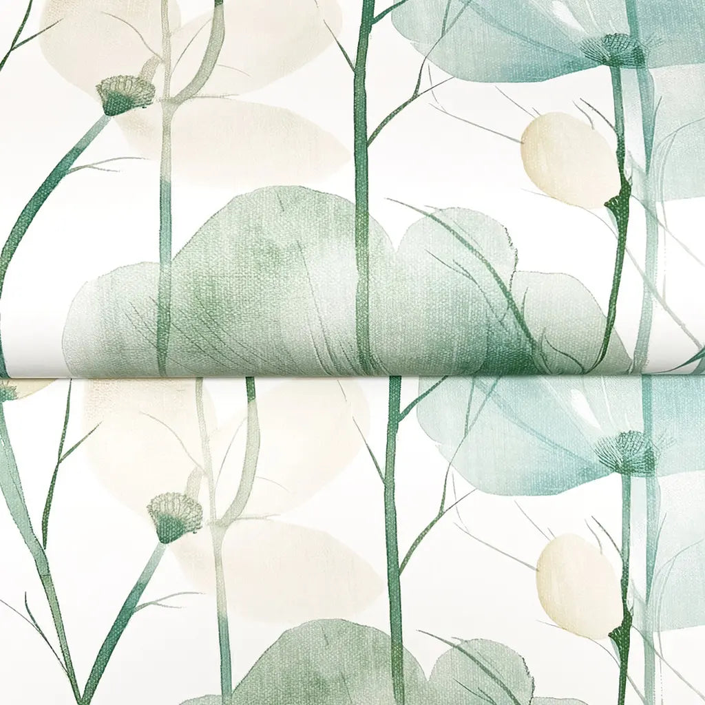 Close-up texture detail of York Wallcoverings' Cotswolds Poppies wallpaper in Sage Green, Ivory.