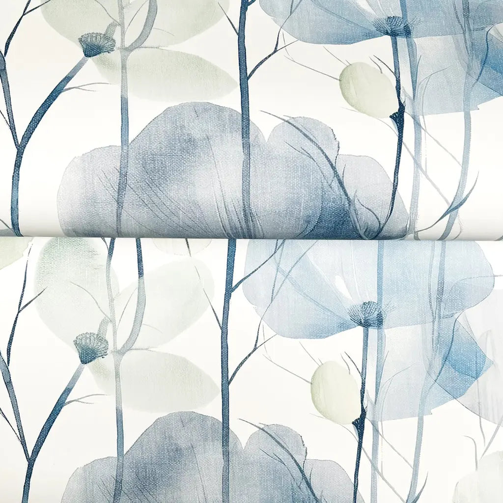 Close-up texture detail of Cotswolds Poppies wallpaper in blue and green by York Wallcoverings.