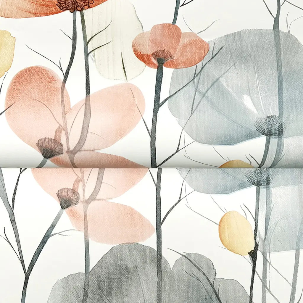 Intricate close-up texture detail of York Wallcoverings' Cotswolds Poppies wallpaper in elegant grey and peach.