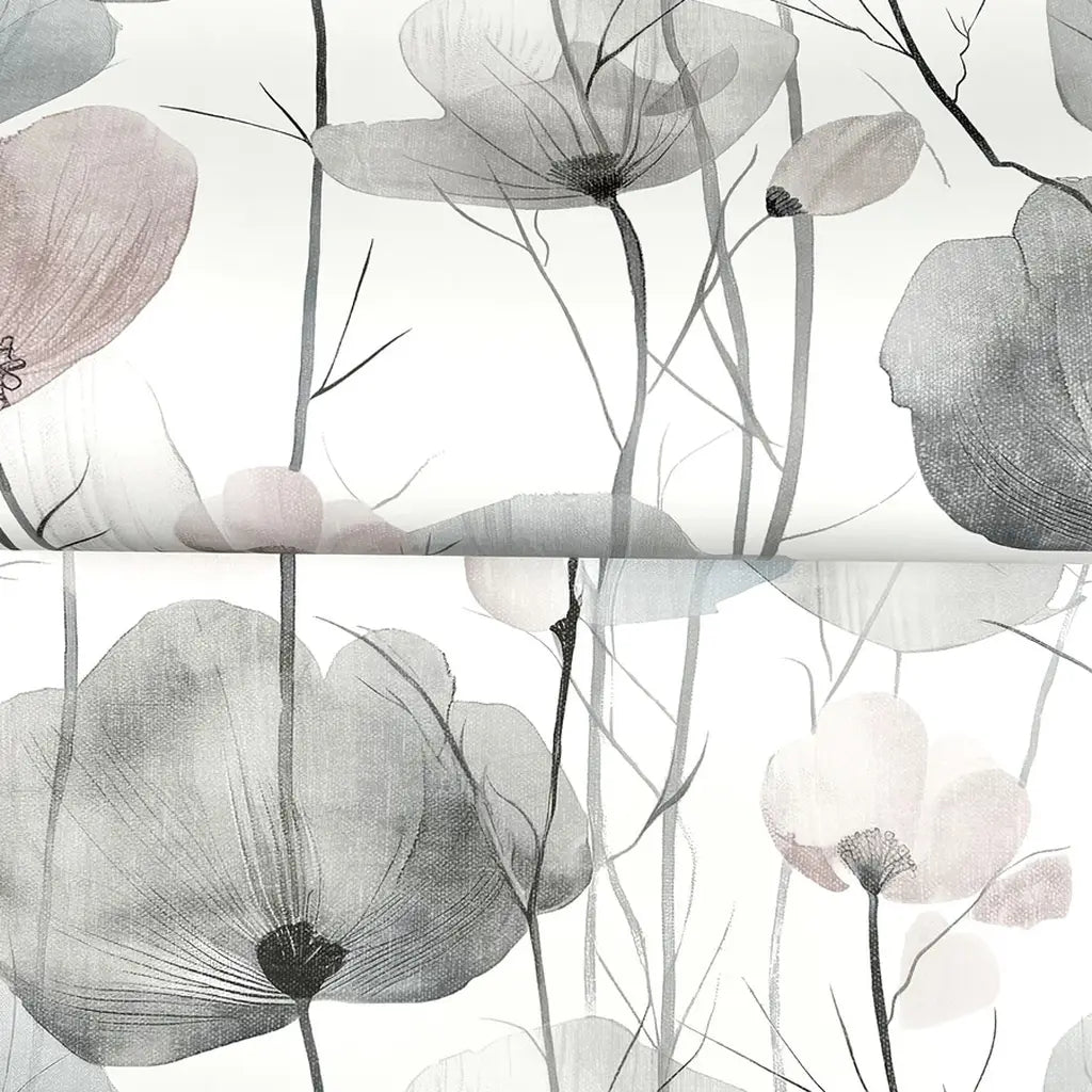 Close-up texture of York Wallcoverings Cotswolds Poppies wallpaper in elegant grey and blush, highlighting intricate floral detail.
