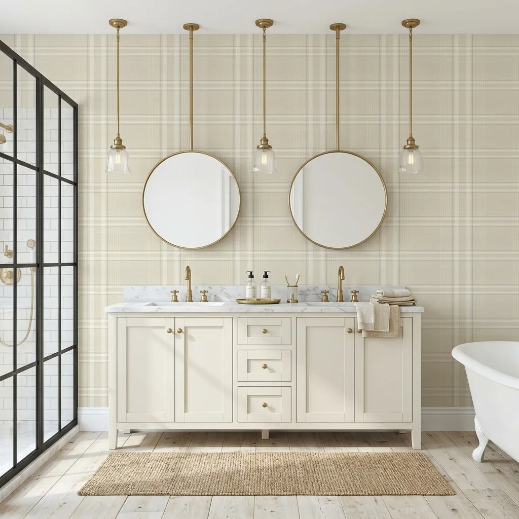 Bathroom - Country Club Plaid wallpaper in Warm Ivory by York Wallcoverings creates a classic, inviting space.