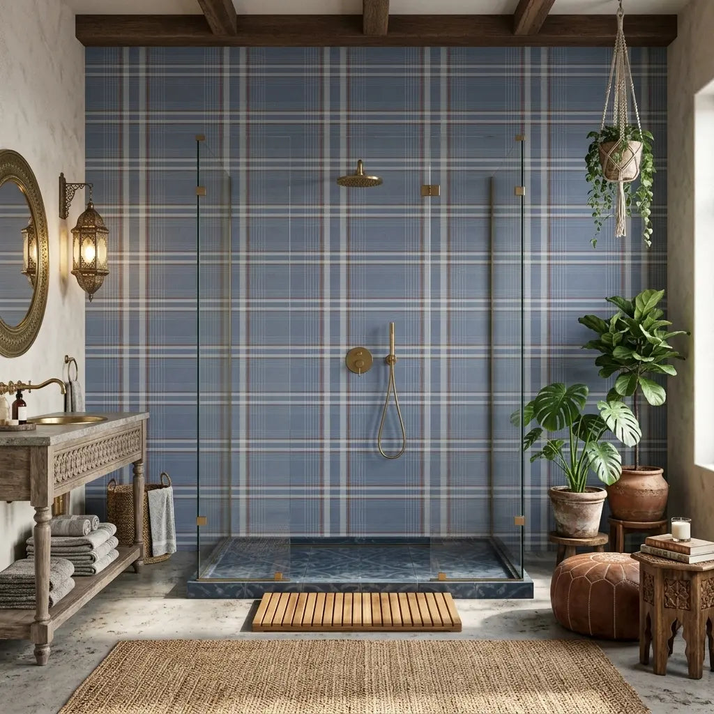 Bathroom - Stylish design with Dusty Blue Country Club Plaid wallpaper by York Wallcoverings.