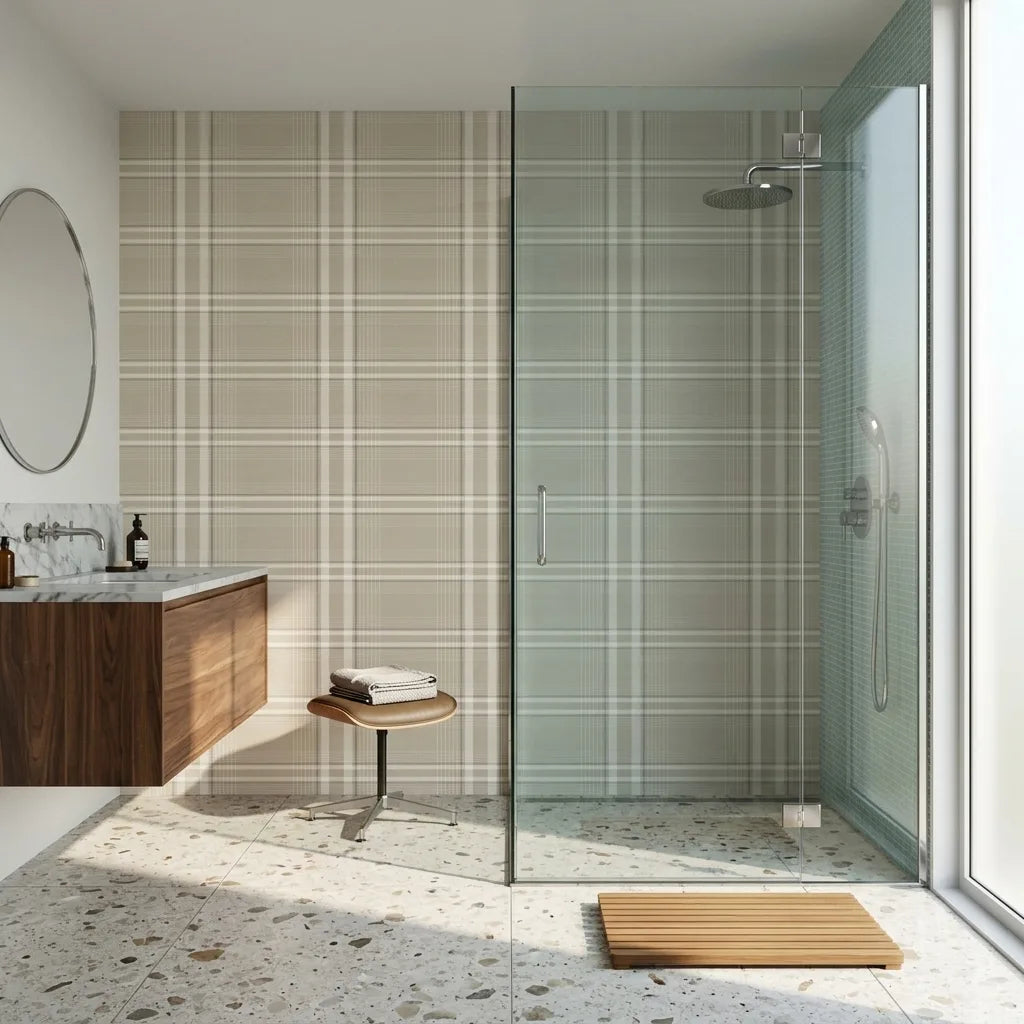 Bathroom - Elegant bathroom features Country Club Plaid wallpaper in Beige and Cream by York Wallcoverings, creating a sophisticated look.