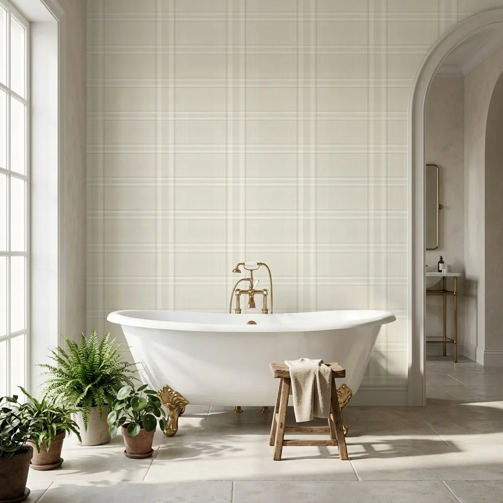 Bathroom - Elegant bathroom showcasing York Wallcoverings' Country Club Plaid wallpaper in a sophisticated Warm Ivory hue.