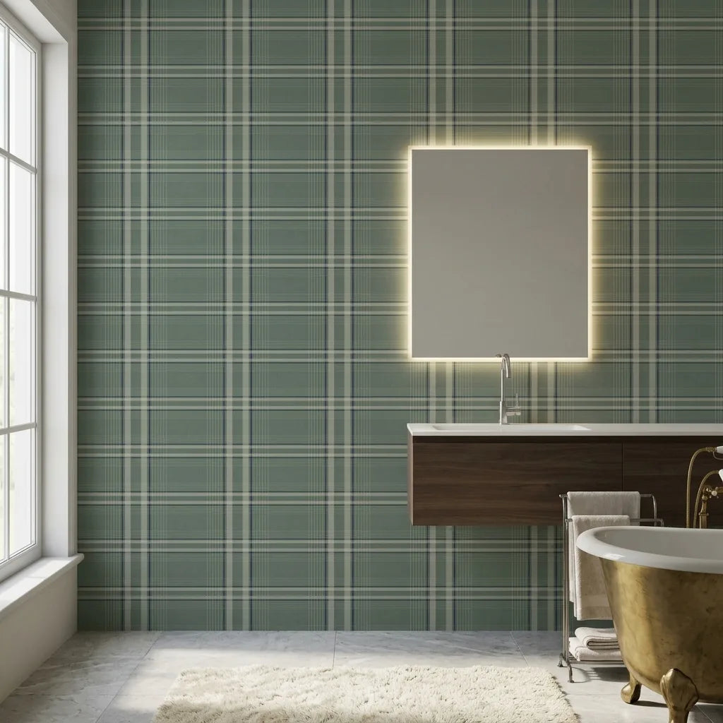 Bathroom - Sage Green "Country Club Plaid" wallpaper by York Wallcoverings brings classic sophistication to this inviting space.