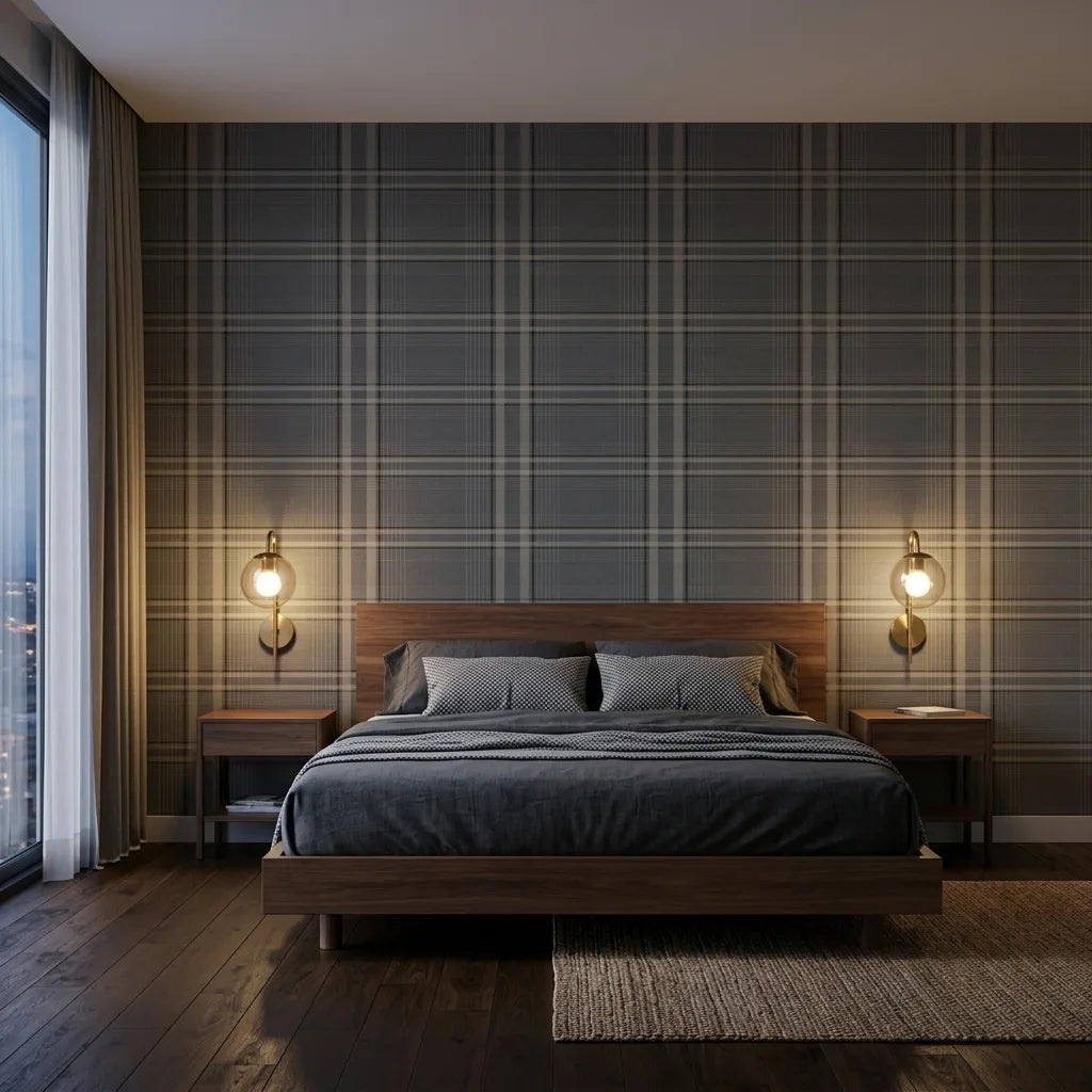 Bedroom - Elegant space with Country Club Plaid wallpaper in charcoal and beige by York Wallcoverings, creating a sophisticated retreat.