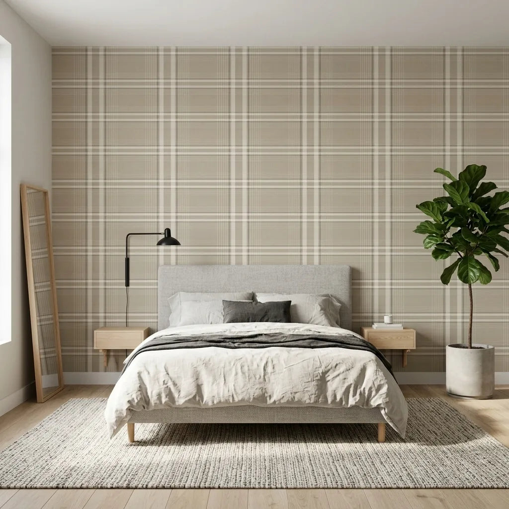 Bedroom - Elegant beige and cream Country Club Plaid wallpaper by York Wallcoverings creates a sophisticated, inviting retreat.
