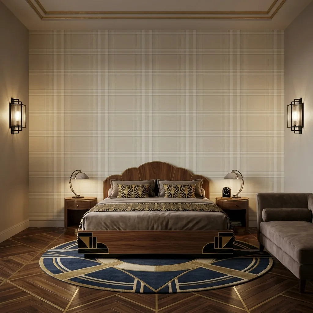 Bedroom - "Country Club Plaid" Warm Ivory wallpaper by York Wallcoverings adds classic charm and warmth to this inviting space.