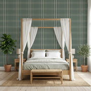 Bedroom - Sage Green Country Club Plaid wallpaper by York Wallcoverings creates a cozy, classic retreat.