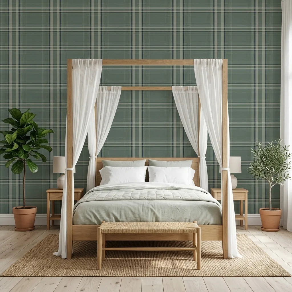 Bedroom - Sage Green Country Club Plaid wallpaper by York Wallcoverings creates a cozy, classic retreat.