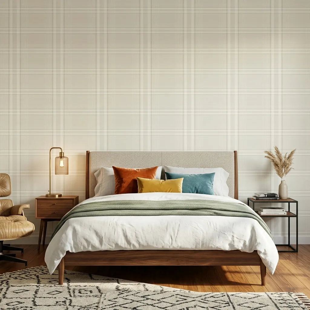 Bedroom - Elegant room showcasing York Wallcoverings' Country Club Plaid wallpaper in Warm Ivory.