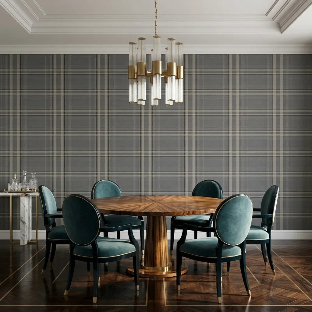 Dining Room - Features elegant Country Club Plaid wallpaper in Charcoal and Beige by York Wallcoverings, creating a sophisticated space.