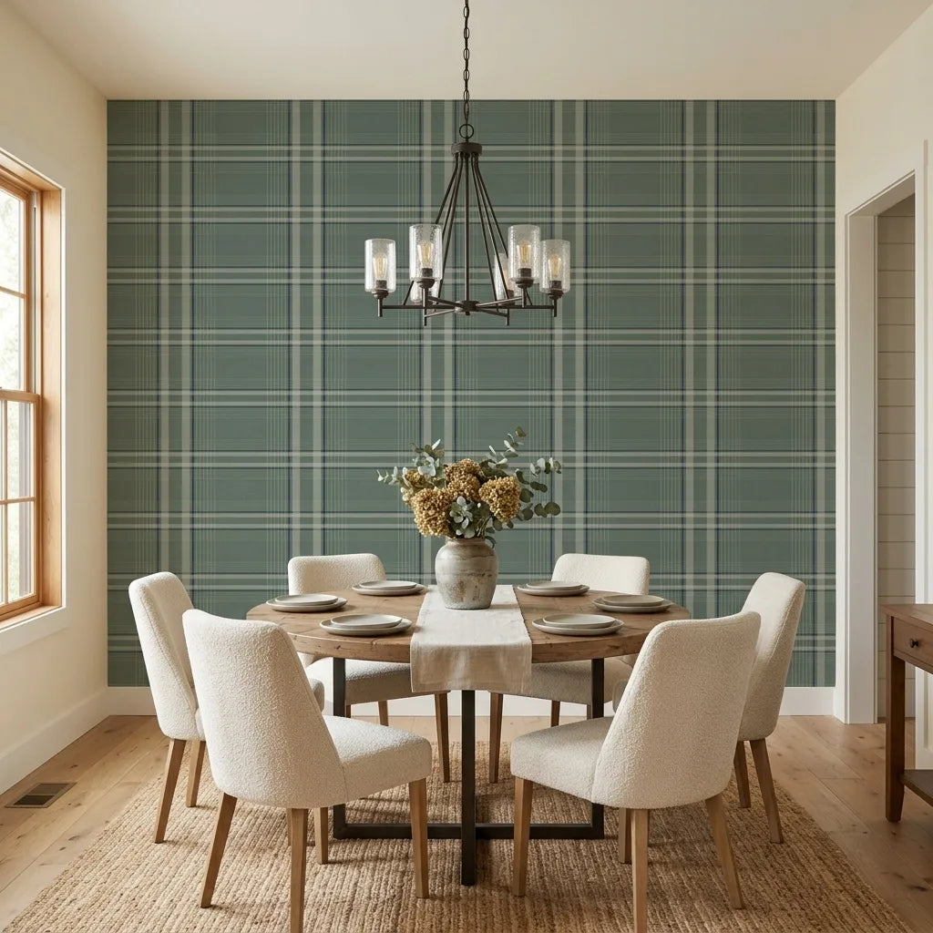 Dining Room - Sage Green York Wallcoverings Country Club Plaid wallpaper defines this stylish dining room design.