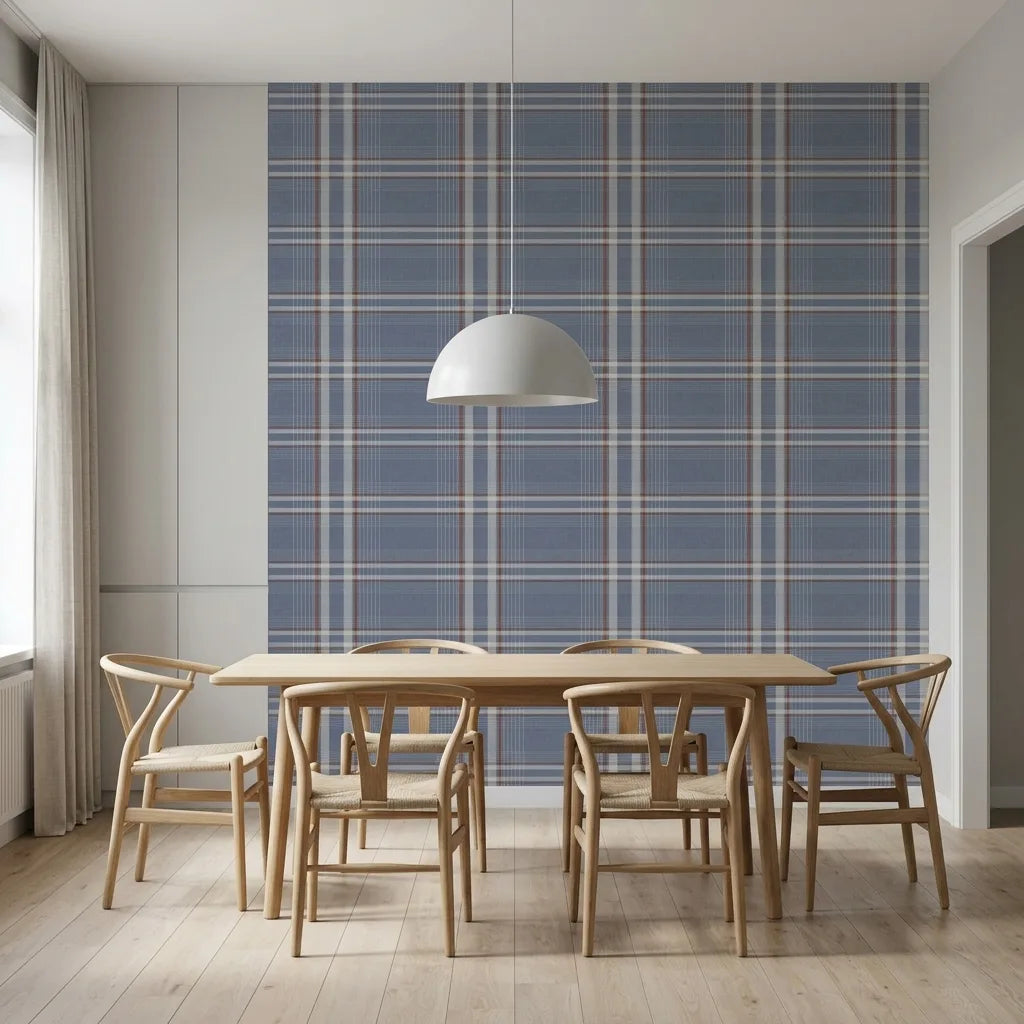 Dining Room - Classic Country Club Plaid wallpaper in Dusty Blue by York Wallcoverings creates an elegant, inviting space.