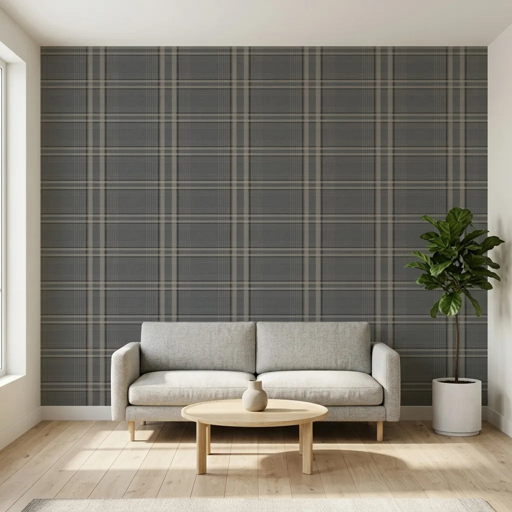 Living Room - Cozy living room with Country Club Plaid wallpaper in Charcoal and Beige by York Wallcoverings.