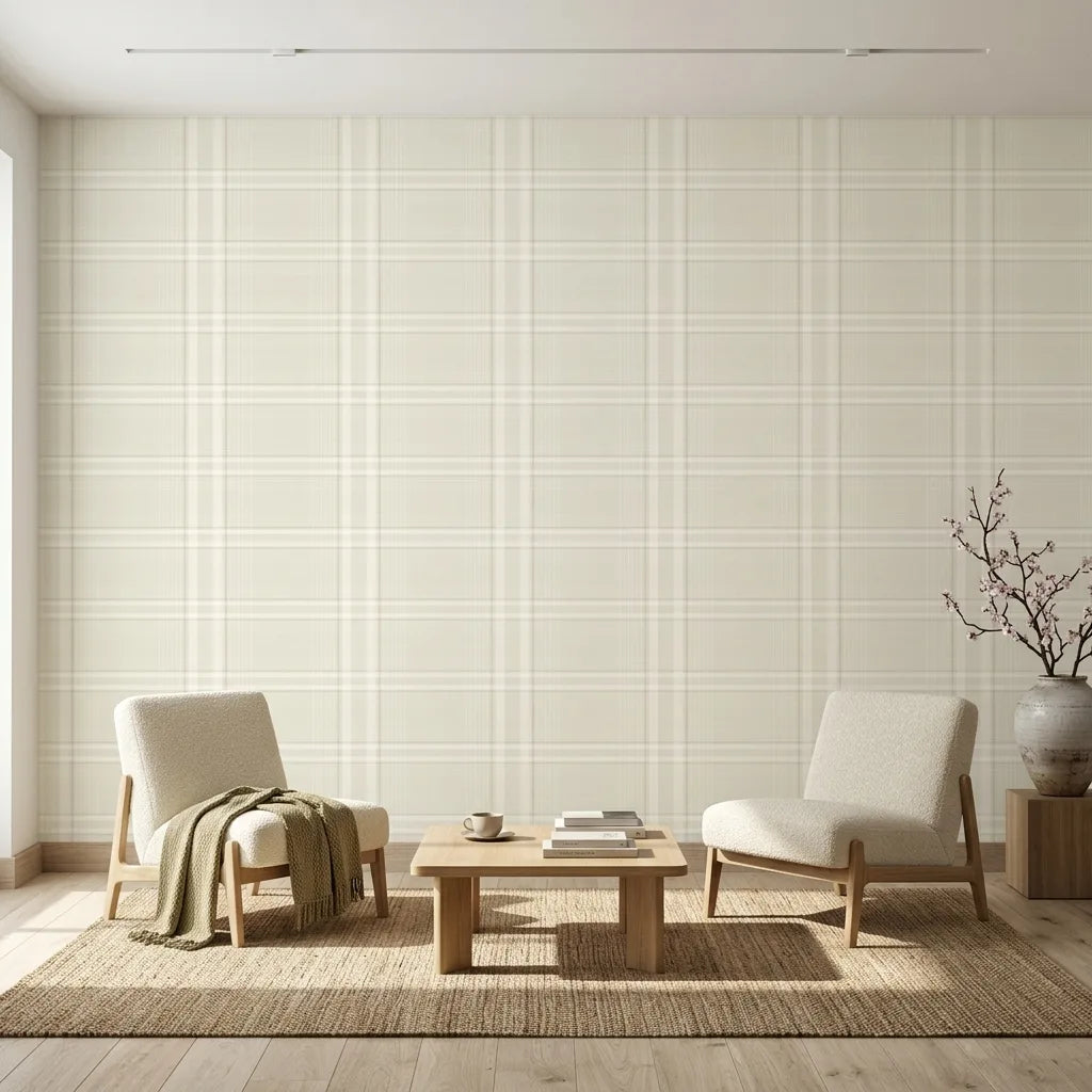 Living Room - Elegant Warm Ivory Country Club Plaid wallpaper by York Wallcoverings creates a timeless and inviting atmosphere.
