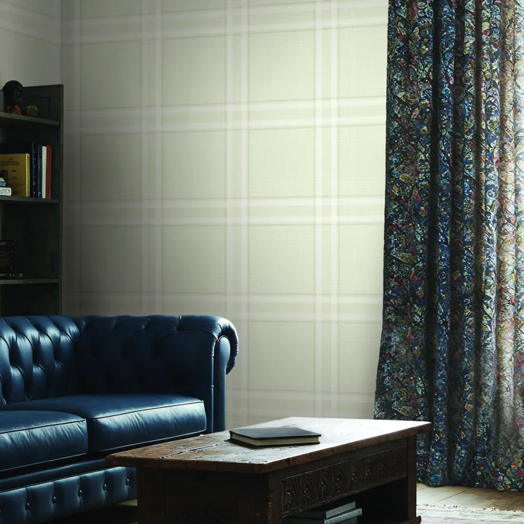 Living room featuring elegant Country Club Plaid wallpaper in Warm Ivory by York Wallcoverings.