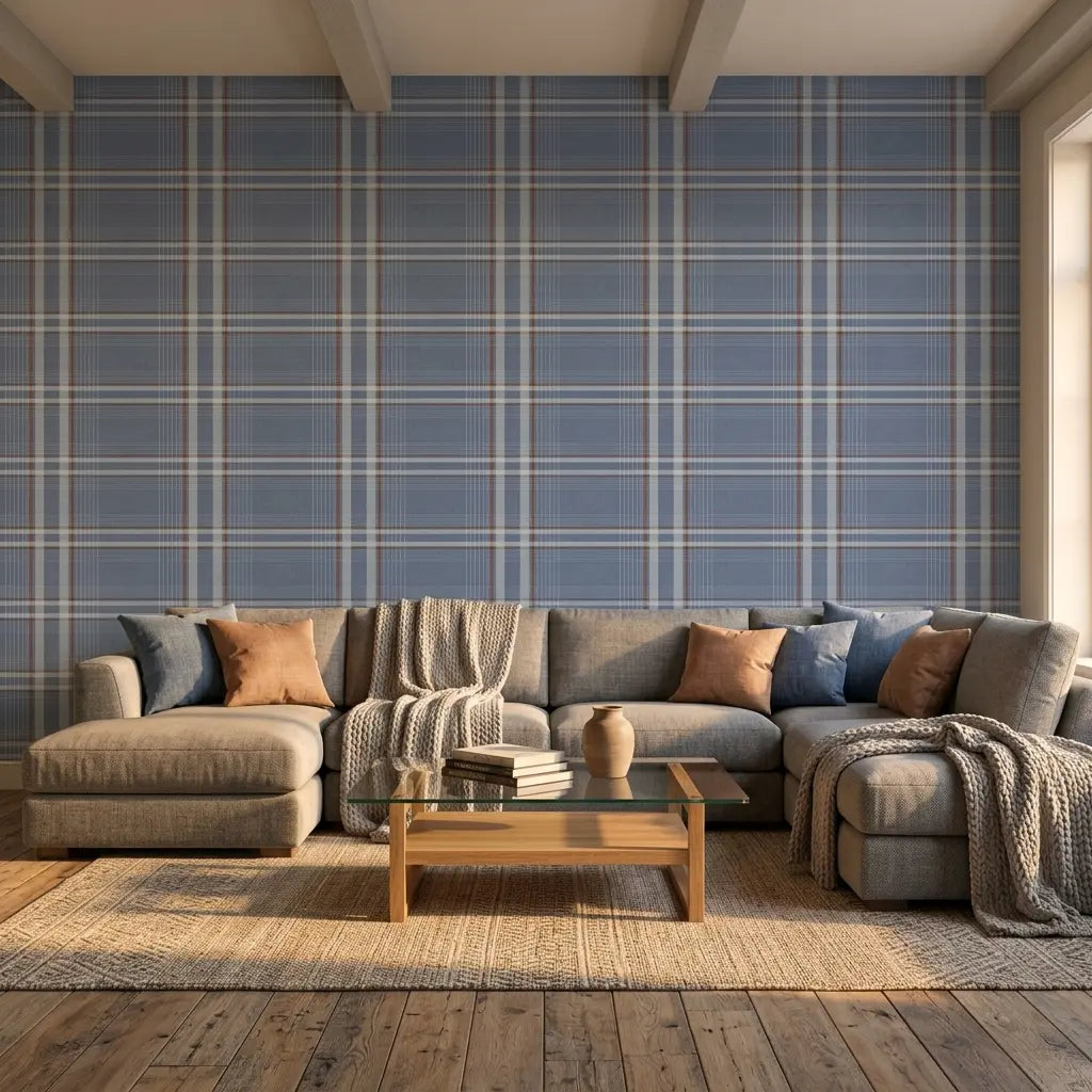 Living Room - Elegant living room featuring 'Country Club Plaid' wallpaper in Dusty Blue, a timeless design by York Wallcoverings.